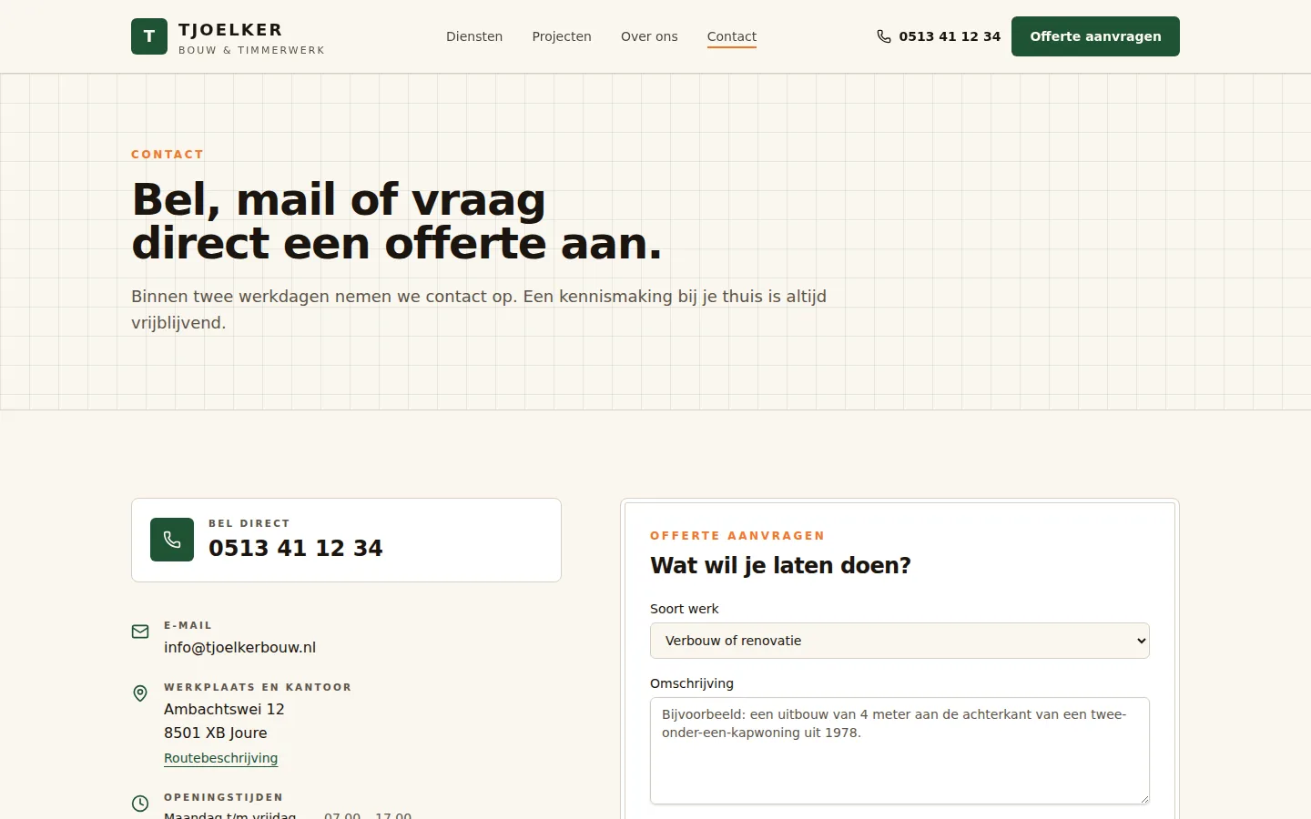 Contact en het offerteformulier — Tjoelker Bouw & Timmerwerk